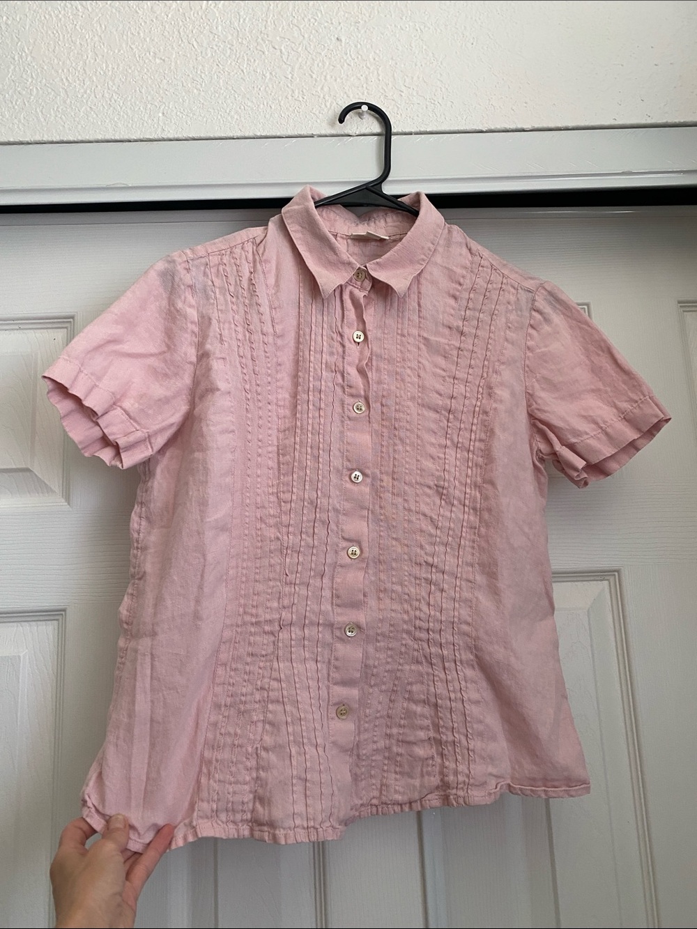 🌼 J. Jill Light Pink Short-Sleeve Button-Down Linen Top Linen Shirt